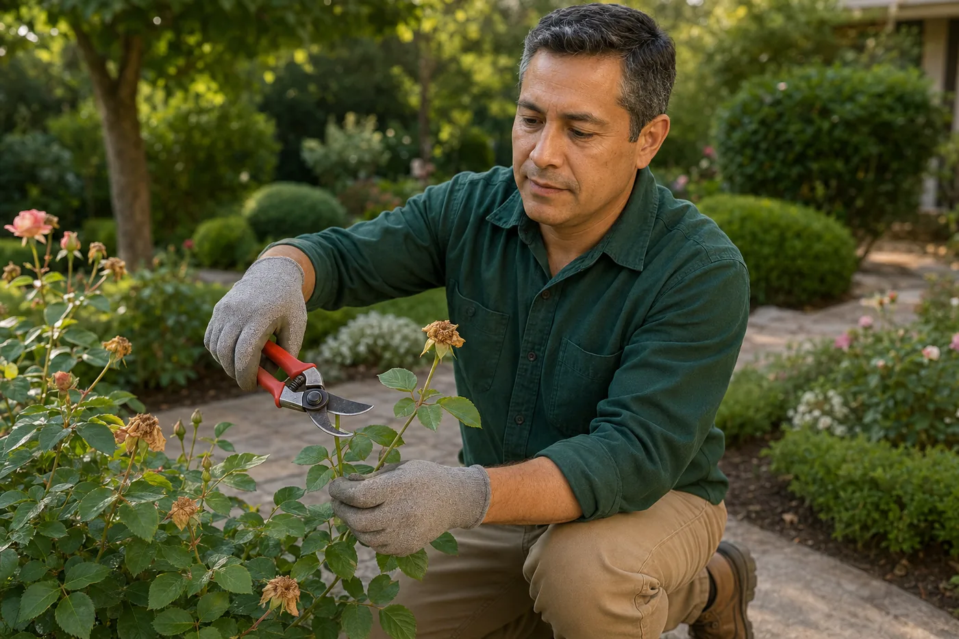 Jardinero profesional podando un rosal con tijeras de poda
